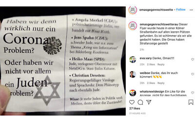 La section allemande du groupe “Grands-mères contre la droite” a condamné le tract sur Instagram. (Grands-mères contre la droite / Instagram via JTA)