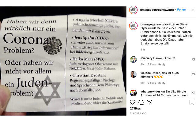La section allemande du groupe “Grands-mères contre la droite” a condamné le tract sur Instagram. (Grands-mères contre la droite / Instagram via JTA) La section allemande du groupe “Grands-mères contre la droite” a condamné le tract sur Instagram. (Grands-mères contre la droite / Instagram via JTA)
