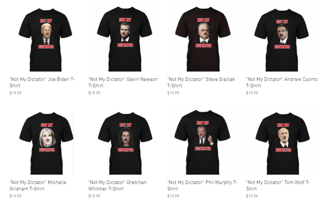 Des tee-shirts arborant l'image du président américain Joe Biden et des gouverneurs démocrates affublés de la moustache de Hitler avec les mots "Pas mon dictateur" en vente sur le site internet "The MAGA mall". (Capture d'écran)