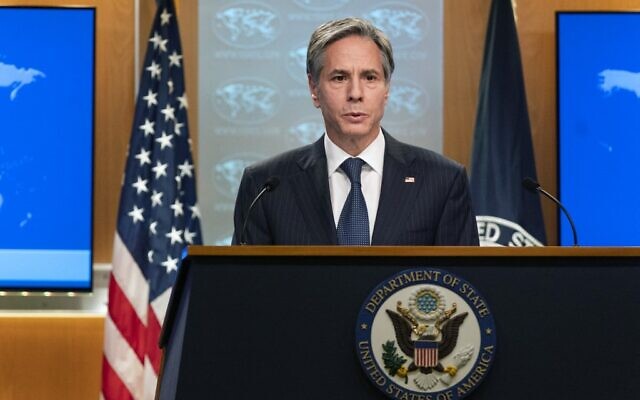 Le secrétaire d'État Antony Blinken lors d'une conférence de presse au département d'État à Washington, le 26 février 2021. (Crédit : Manuel Balce Ceneta / POOL / AFP) Le secrétaire d'État Antony Blinken lors d'une conférence de presse au département d'État à Washington, le 26 février 2021. (Crédit : Manuel Balce Ceneta / POOL / AFP)