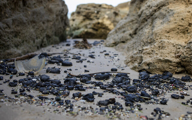 Des morceaux de goudron sur une plage de la réserve naturelle de Gdor près de Michmoret, en Israël, le 1er mars 2021, après la marée noire en mer Méditerranée. (Crédit : AP / Ariel Schalit)