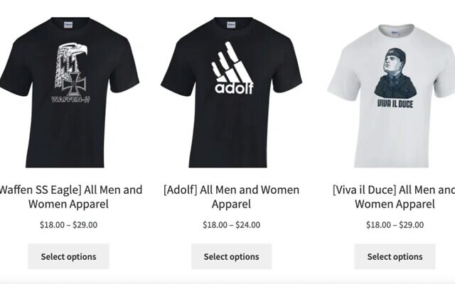 T-shirts aux motifs nazis vendus en ligne par un résident de la région de la baie. (Capture d'écran via JTA) T-shirts aux motifs nazis vendus en ligne par un résident de la région de la baie. (Capture d'écran via JTA)
