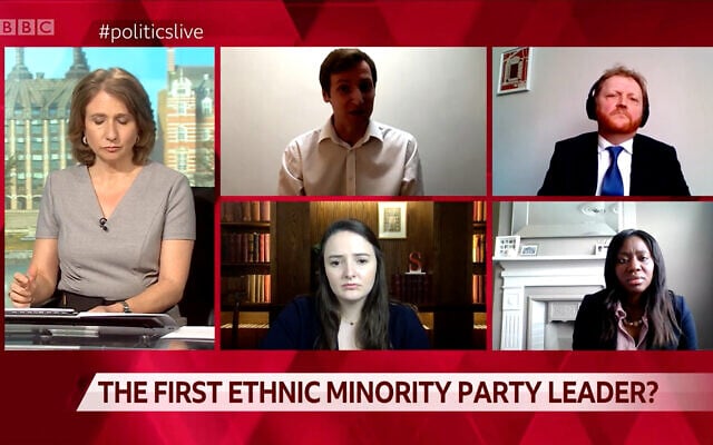 Des panélistes de la BBC discutent du statut des Juifs en tant que minorité ethnique, le 1er mars 2021. (Capture d'écran) Des panélistes de la BBC discutent du statut des Juifs en tant que minorité ethnique, le 1er mars 2021. (Capture d'écran)