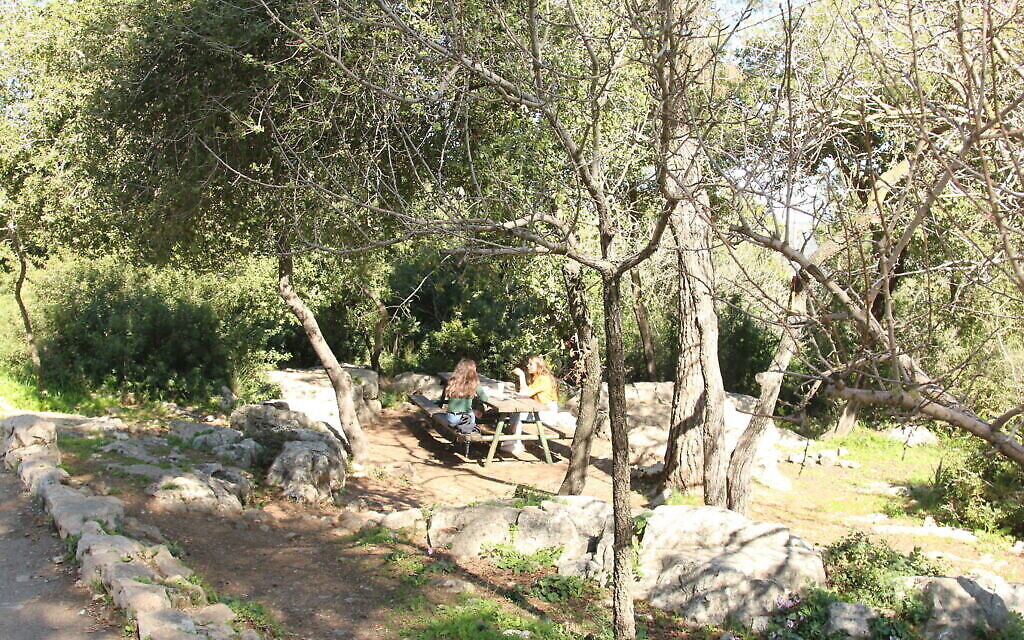 Des randonneuses se reposent à une table située au-dessus du lit de la rivière  Ktalav. (Crédit : Shmuel Bar-Am)