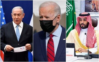 (De gauche à droite) Le Premier ministre israélien Benjamin Netanyahu, le Président américain Joe Biden et le Prince héritier saoudien Mohammed ben Salman. (AP/collage)