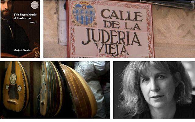 Du haut à gauche, dans le sens des aiguilles du montre : 'The Secret Music at Tordesillas' de Marjorie Sandor ; la Calle de la Juderia, ou quartier juif, à   Segovia, en Espagne ; l'auteure Marjorie Sandor (Autorisation : Marjorie Sandor) ; Ouds au Caire (Crédit : AP Photo/Nasser Nasser).