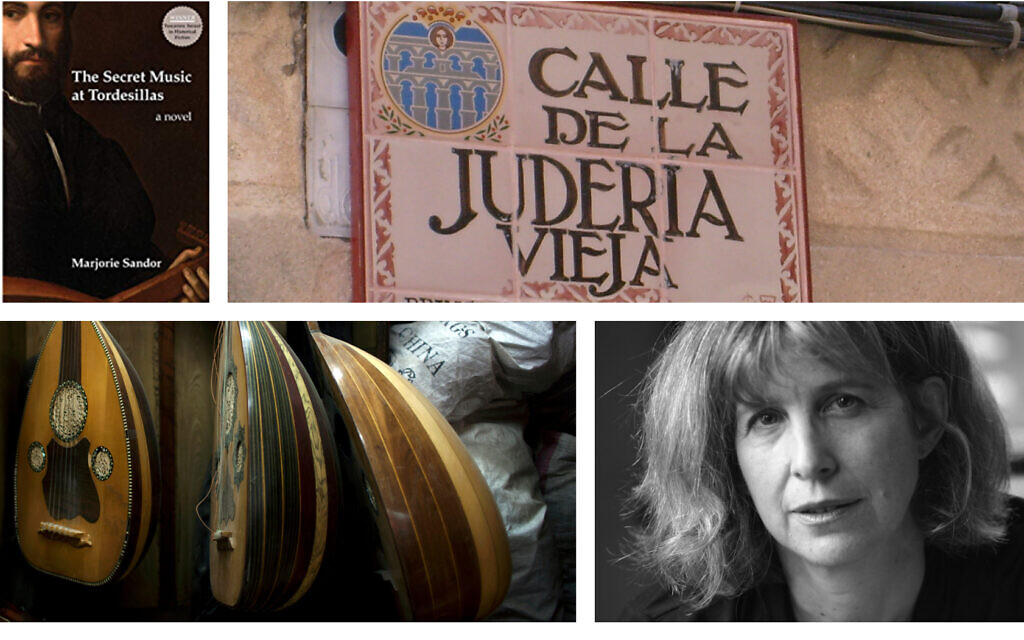 Du haut à gauche, dans le sens des aiguilles du montre : 'The Secret Music at Tordesillas' de Marjorie Sandor ; la Calle de la Juderia, ou quartier juif, à   Segovia, en Espagne ; l'auteure Marjorie Sandor (Autorisation : Marjorie Sandor) ; Ouds au Caire (Crédit : AP Photo/Nasser Nasser).