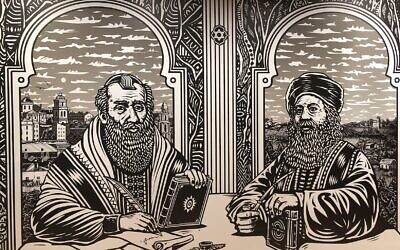 Le portrait réalisé par le graffeur israélien Nir Peled du Baal Shem Tov et du Gaon de Vilna au nouveau musée ANU du peuple juif, qui a ouvert le 10 mars 2021. (Crédit : Jessica Steinberg/Times of Israel)