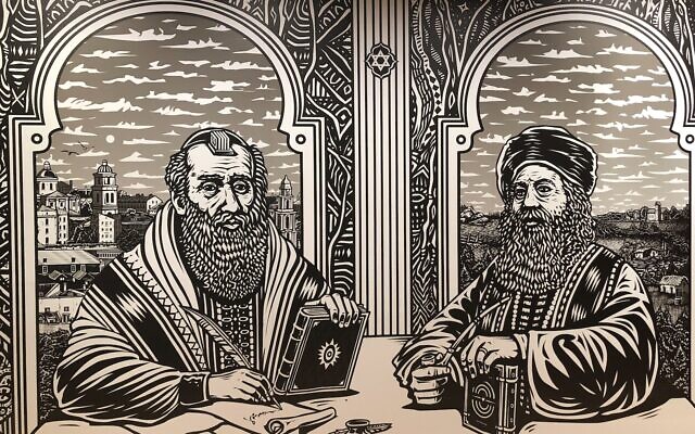 Le portrait réalisé par le graffeur israélien Nir Peled du Baal Shem Tov et du Gaon de Vilna au nouveau musée ANU du peuple juif, qui a ouvert le 10 mars 2021. (Crédit : Jessica Steinberg/Times of Israel) Le portrait réalisé par le graffeur israélien Nir Peled du Baal Shem Tov et du Gaon de Vilna au nouveau musée ANU du peuple juif, qui a ouvert le 10 mars 2021. (Crédit : Jessica Steinberg/Times of Israel)