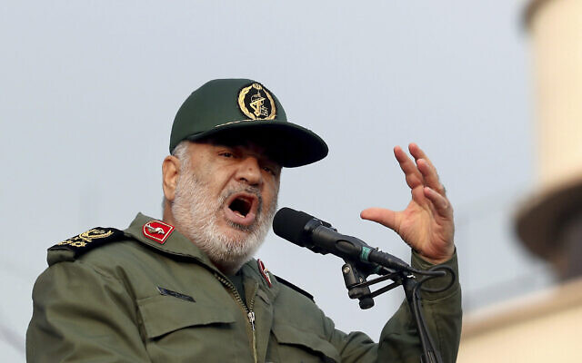 Le chef des Gardiens de la révolution iraniens, le général Hossein Salami, s'exprime lors d'un rassemblement pro-gouvernemental à Téhéran, en Iran, le 25 novembre 2019. (Ebrahim Noroozi/AP) Le chef des Gardiens de la révolution iraniens, le général Hossein Salami, s'exprime lors d'un rassemblement pro-gouvernemental à Téhéran, en Iran, le 25 novembre 2019. (Ebrahim Noroozi/AP)
