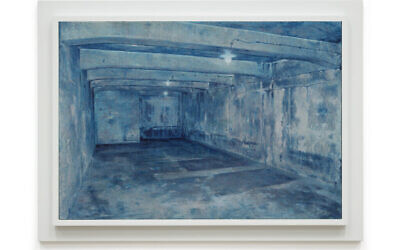 Une chambre à gaz, tirée de "Prussian Blue", la série de 50 peintures de Yishai Jusidman, exposée au Mishkan Museum of Art à Ein Harod à partir du 24 mars 2021 (Crédit : Ein Harod).