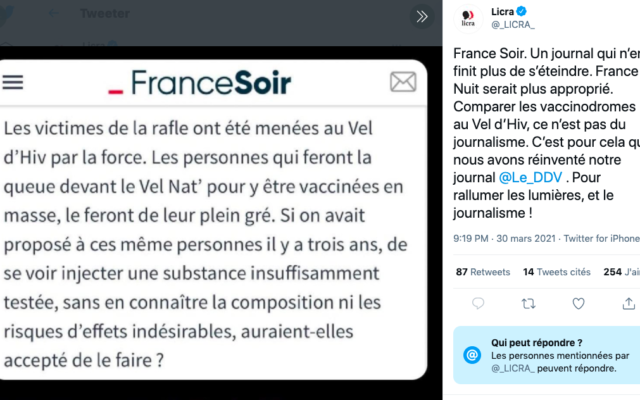 Un tweet de la Licra reprenant un extrait d’un article de "France Soir". (Crédit : Twitter / Licra)