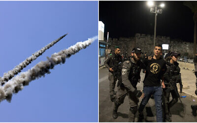 Composite : (à gauche) Des roquettes sont tirées en direction de la mer lors d'un exercice militaire le long d'une plage au large de la ville de Gaza, le 24 avril 2021, quelques heures après les combats avec Israël, (à droite) des policiers israéliens se heurtent à des Palestiniens devant la porte de Damas à Jérusalem, le 22 avril 2021. (MAHMUD HAMS/AFP / Olivier Fitoussi/Flash90)