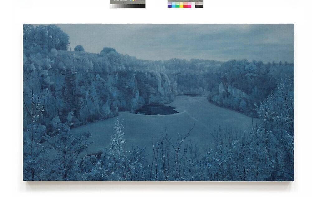 Une vue de Mauthausen, tirée de "Prussian Blue", la série de 50 peintures de Yishai Jusidman, exposée au Mishkan Museum of Art à Ein Harod à partir du 24 mars 2021 (Crédit : Ein Harod).