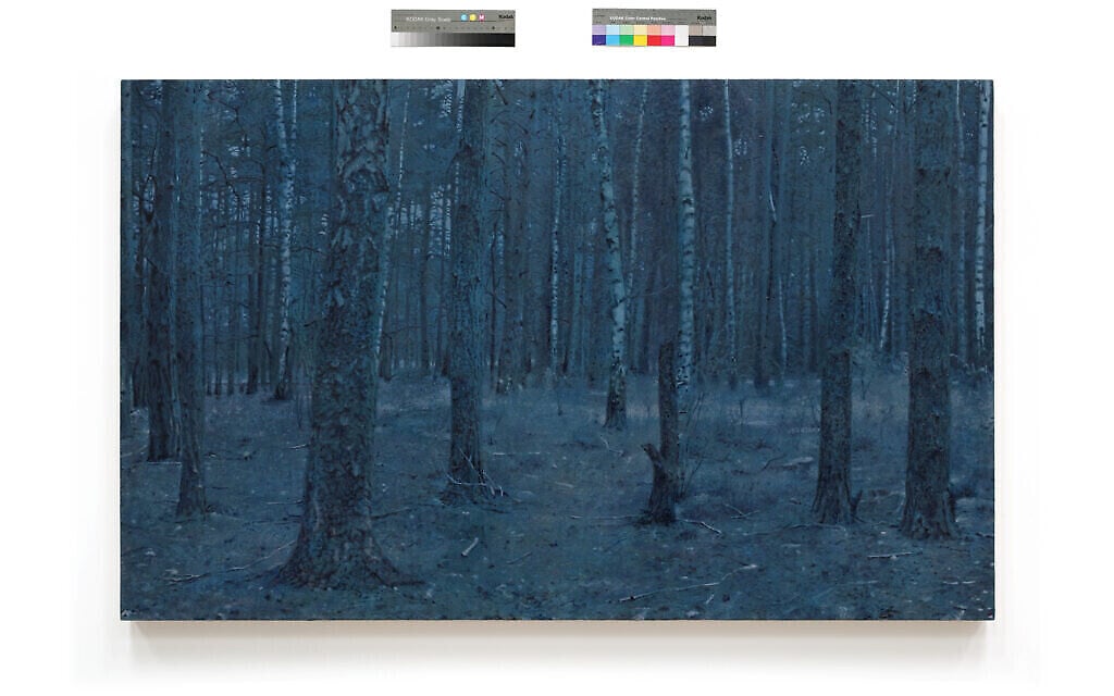 Une forêt à Sobibor, tirée de "Prussian Blue", la série de 50 peintures de Yishai Jusidman, exposée au Mishkan Museum of Art à Ein Harod à partir du 24 mars 2021 (Crédit : Ein Harod).