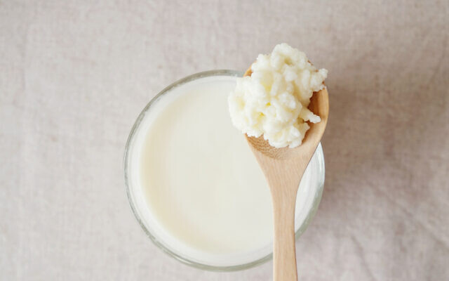 Photo d'Illustration: des grains de Kefir, utilisés pour fabriquer la boisson lactée du même nom, au-dessus d'un verre. (Crédit : hitareeSarmkasat via iStock by Getty Images)