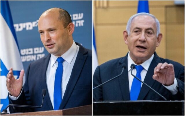 A gauche : Le chef du parti Yamina, Naftali Bennett, donne une conférence de presse à la Knesset à Jérusalem, le 21 avril 2021 ; A droite : Le Premier ministre Benjamin Netanyahu s'exprime lors d'une conférence de presse à la Knesset à Jérusalem, le 21 avril 2021. (Yonatan Sindel/Flash90) A gauche : Le chef du parti Yamina, Naftali Bennett, donne une conférence de presse à la Knesset à Jérusalem, le 21 avril 2021 ; A droite : Le Premier ministre Benjamin Netanyahu s'exprime lors d'une conférence de presse à la Knesset à Jérusalem, le 21 avril 2021. (Yonatan Sindel/Flash90)