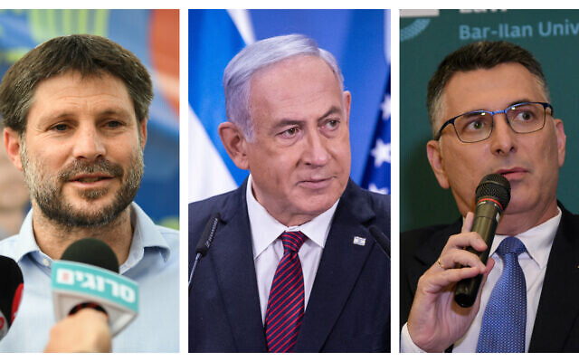Le chef du Parti sioniste religieux Bezalel Smotrich (g), le Premier ministre Benjamin Netanyahu (c), et le chef de Tikva Hadasah, Gideon Saar (d). (Crédits : Flash90)