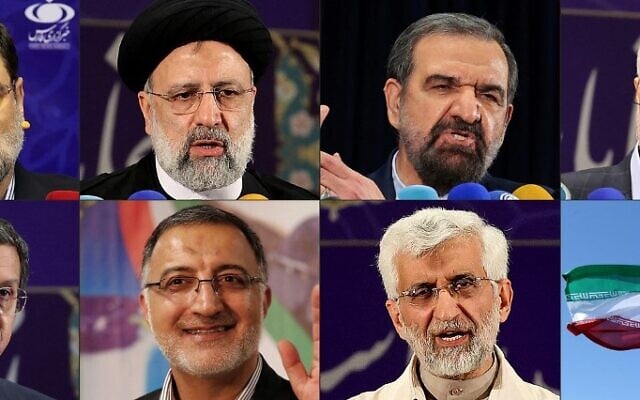 Illustration - (COMBO) Cette combinaison d'images créée le 26 mai 2021 montre de haut en bas et de gauche à droite : le candidat à la présidence iranienne Amirhossein Ghazizadeh-Hashemi s'adressant à une conférence de presse à Téhéran le même jour, le chef de la justice iranienne Ebrahim Raissi prononçant un discours après avoir enregistré sa candidature aux présidentielles iraniennes à Téhéran le 15 mai, l'ancien chef iranien des Gardiens de la révolution Mohsen Rezai, l'ancien vice-président iranien Mohsen Mehralizadeh, le chef de la Banque centrale iranienne Naser Hemati (Hemmati), le candidat conservateur à la présidence, Alireza Zakani, l'ancien négociateur nucléaire Saeed Jalili plus tôt ce mois-ci et le drapeau national de la République islamique sur une photo prise le 11 février 2020 lors du 41e anniversaire de la révolution islamique. (Crédit : ATTA KENARE / AFP)