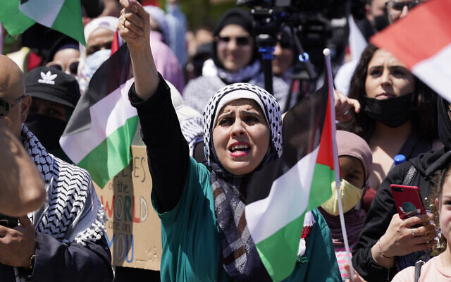Des manifestants américains soutenant les Palestiniens tiennent un rassemblement le 18 mai 2021, à Dearborn, dans le Michigan.
(Crédit : AP Photo/Carlos Osorio) Des manifestants américains soutenant les Palestiniens tiennent un rassemblement le 18 mai 2021, à Dearborn, dans le Michigan.
(Crédit : AP Photo/Carlos Osorio)