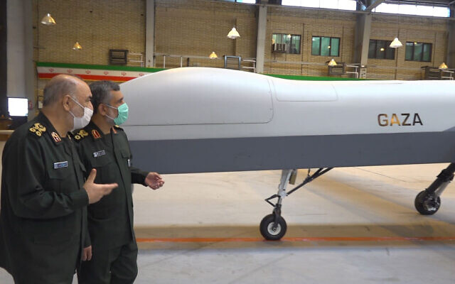 Sur cette photo publiée le 21 mai 2021 par Sepahnews, le site Internet des Gardiens de la révolution iranienne, un nouveau drone de combat baptisé "Gaza" est exposé dans un lieu non divulgué en Iran. (Crédit : Sepahnews via AP) Sur cette photo publiée le 21 mai 2021 par Sepahnews, le site Internet des Gardiens de la révolution iranienne, un nouveau drone de combat baptisé "Gaza" est exposé dans un lieu non divulgué en Iran. (Crédit : Sepahnews via AP)