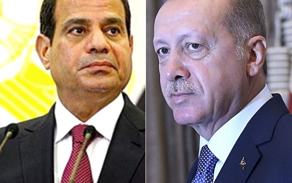 Le président égyptien Abdel Fatah el-Sissi et le président turc Recep Tayyip Erdogan. (Crédit : CC BY SA 3.0/AP) Le président égyptien Abdel Fatah el-Sissi et le président turc Recep Tayyip Erdogan. (Crédit : CC BY SA 3.0/AP)