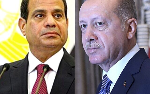 Le président égyptien Abdel Fatah el-Sissi et le président turc Recep Tayyip Erdogan. (Crédit : CC BY SA 3.0/AP) Le président égyptien Abdel Fatah el-Sissi et le président turc Recep Tayyip Erdogan. (Crédit : CC BY SA 3.0/AP)