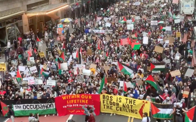 Une manifestation pro-palestinienne dans le centre ville de Manhattan dans le contexte d'escalade des violences entre Gaza et Israël, le 11 mai 2020.  (Capture d'écran/Twitter)