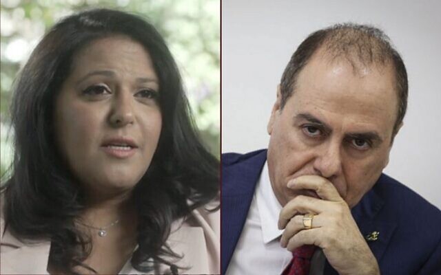 Linor Itzkovich (d) et Silvan Shalom (Crédit : Flash 90/capture d'écran de la Douzième chaîne) Linor Itzkovich (d) et Silvan Shalom (Crédit : Flash 90/capture d'écran de la Douzième chaîne)