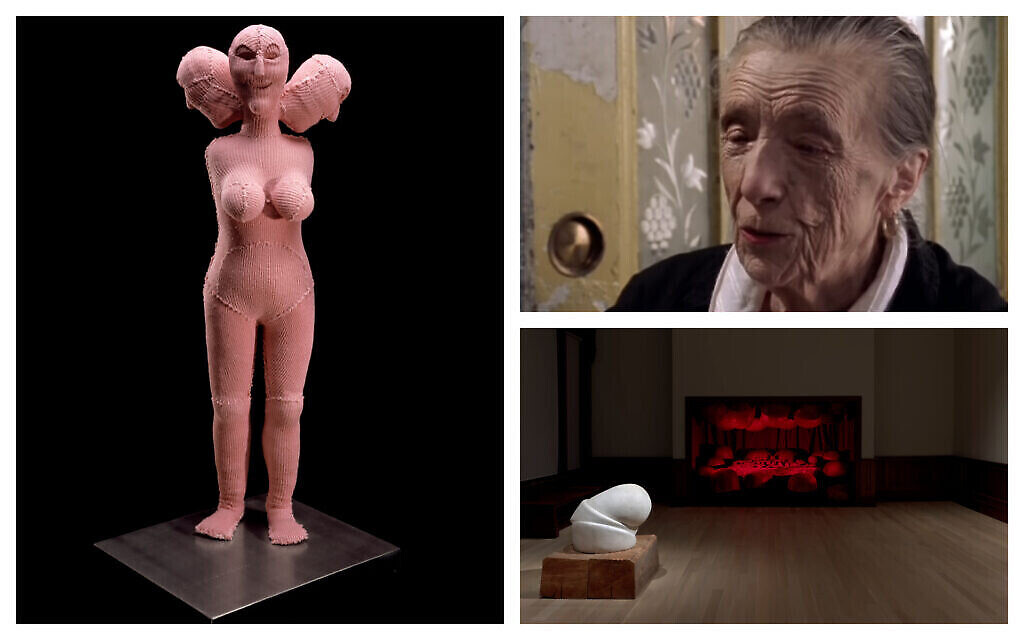 A partir de la gauche, dans le sens des aiguilles d'une montre :  'Hystérique' (The Easton Foundation/ Licensed by VAGA at Artists Rights Society, New York; Photo: Christopher Burke); Artiste Lousie Bourgeois (Capture d'écran : YouTube); vue de l'installation 'Louise Bourgeois: la fille de Freud,' au musée juif de New York.  (Crédit :  Ron Amstutz. © The Easton Foundation/ Licensed by VAGA at Artists Rights Society, New York)