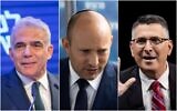 De gauche à droite : le leader du parti Yesh Atid, Yair Lapid. (Crédit : Miriam Alster/Flash90); le dirigeant du parti Yamina, Naftali Bennett et le responsable de Tikva Hadasha, Gideon Saar.( Crédit : Yonatan Sindel/Flash90)