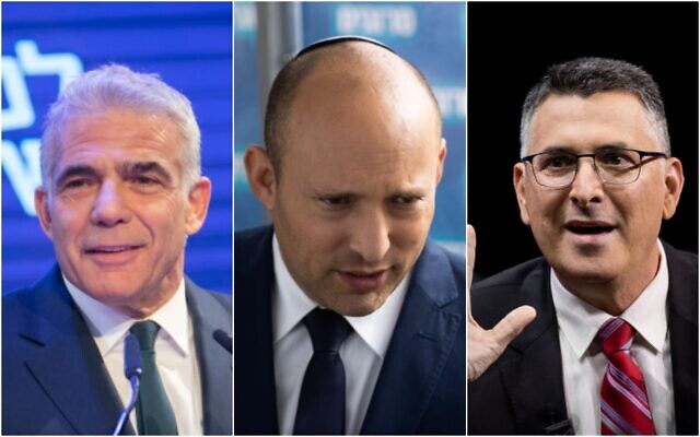 De gauche à droite : le leader du parti Yesh Atid, Yair Lapid. (Crédit : Miriam Alster/Flash90); le dirigeant du parti Yamina, Naftali Bennett et le responsable de Tikva Hadasha, Gideon Saar.( Crédit : Yonatan Sindel/Flash90) De gauche à droite : le leader du parti Yesh Atid, Yair Lapid. (Crédit : Miriam Alster/Flash90); le dirigeant du parti Yamina, Naftali Bennett et le responsable de Tikva Hadasha, Gideon Saar.( Crédit : Yonatan Sindel/Flash90)