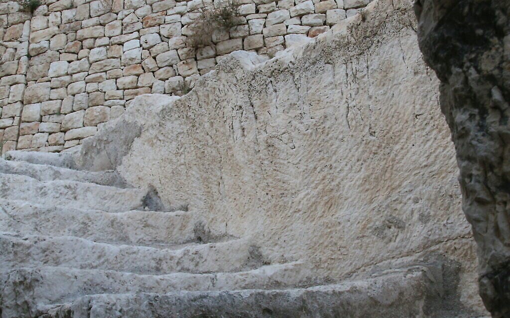 Les escaliers près des caveaux d'inhumation de la Cité de David. (Crédit :Shmuel Bar-Am)
1