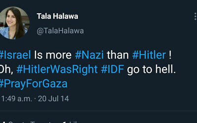 Une capture d'écran d'un tweet datant de 2014 par la journaliste de la BBC Tala Halawa dans lequel elle a écrit "Hilter avait raison" et qu'Israël est "plus nazi que Hilter". (Crédit : Twitter via JTA)