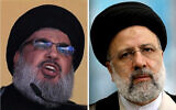 A droite, le leader du Hezbollah  Hezbollah leader Hassan Nasrallah fait un discours à Beyrouth, au Liban, le 24 octobre 2015. Crédit : AP Photo/Hassan Ammar, File)/A gauche, Ebrahim Raisi à Téhéran, en Iran, le 18 juin 2021. (Crédit :  AP Photo/Ebrahim Noroozi)