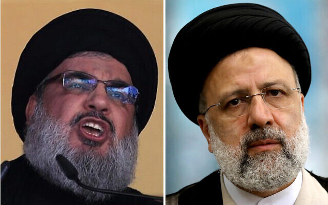 A droite, le leader du Hezbollah Hezbollah leader Hassan Nasrallah fait un discours à Beyrouth, au Liban, le 24 octobre 2015. Crédit : AP Photo/Hassan Ammar, File)/A gauche, Ebrahim Raisi à Téhéran, en Iran, le 18 juin 2021. (Crédit : AP Photo/Ebrahim Noroozi) A droite, le leader du Hezbollah Hezbollah leader Hassan Nasrallah fait un discours à Beyrouth, au Liban, le 24 octobre 2015. Crédit : AP Photo/Hassan Ammar, File)/A gauche, Ebrahim Raisi à Téhéran, en Iran, le 18 juin 2021. (Crédit : AP Photo/Ebrahim Noroozi)