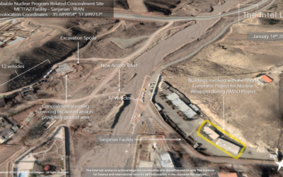 Des véhicules et des excavations vus sur un site à Sanjarian, près de Téhéran, précédemment identifié comme un site de recherche nucléaire iranien, sur une image satellite du 18 janvier 2021. (Crédit : The Intel Lab/Maxar)
