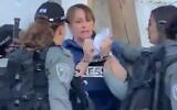 La correspondante d'Al Jazeera, Givara Al Budeiri, est arrêtée par la police israélienne à Jérusalem, Sheikh Jarrah, le 5 juin 2021. (Capture d'écran/Twitter)