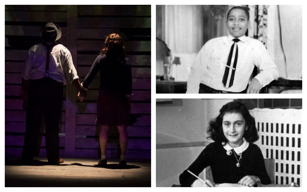 Dans le sens des aiguilles d'une montre, à partir de la gauche : plan fixe de la pièce "Anne et Emmett" (Autorisation) ; Emmett Till, et Anne Frank. (Domaine public)