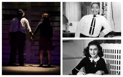 Dans le sens des aiguilles d'une montre, à partir de la gauche : plan fixe de la pièce "Anne et Emmett" (Autorisation) ; Emmett Till, et Anne Frank. (Domaine public)