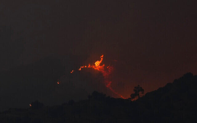 Un incendie dans la région montagneuse de Larnaca, à Chypre, le 3 juillet 2021. (Crédit : AP Photo/Petros Karadjias) Un incendie dans la région montagneuse de Larnaca, à Chypre, le 3 juillet 2021. (Crédit : AP Photo/Petros Karadjias)