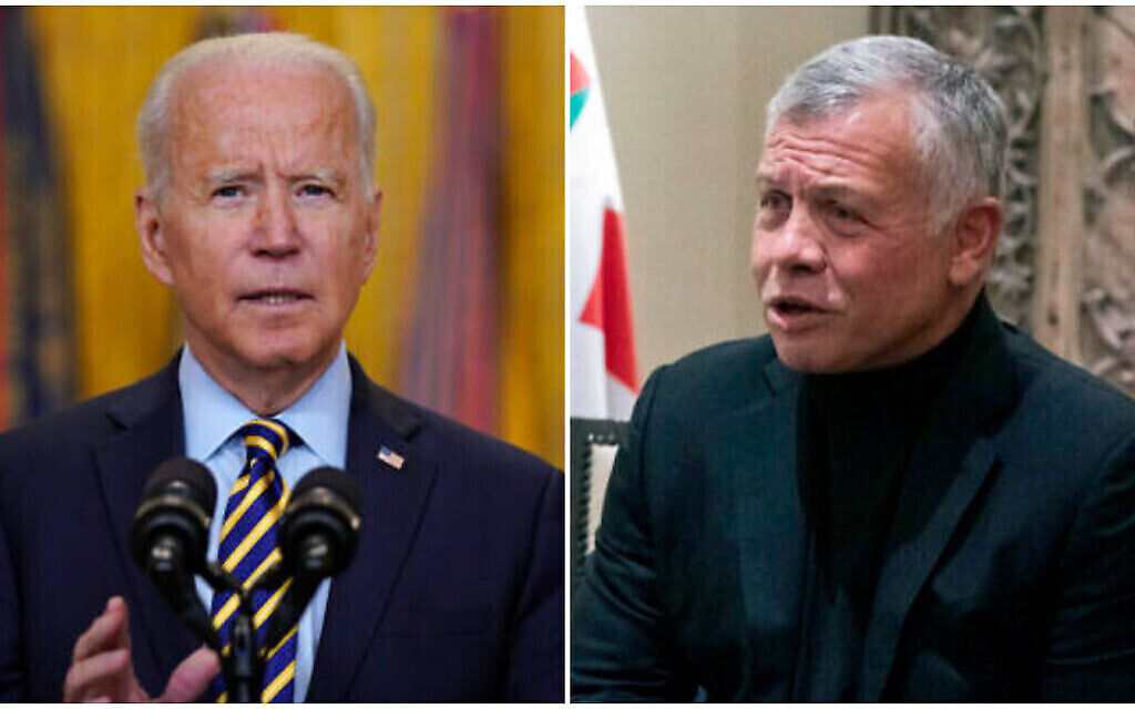 (G) Le président américain Joe Biden prend la parole le 8 juillet 2021, à Washington. (Crédit : AP Photo/Evan Vucci) (D) Le roi Abdullah II de Jordanie prend la parole le 26 mai 2021. (Crédit : AP Photo/Alex Brandon, Pool)