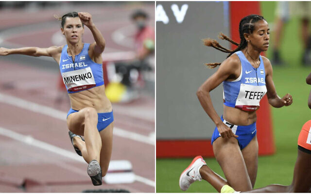 L'Israélienne Hanna Knyazyeva-Minenko, au saut en longueur, à gauche, et sa compatriote, la coureuse  Selamawit Teferi, à droite, lors des Jeux Olympiques de Tokyo, le 30 juillet 2021. (Crédit : Comité olympique israélien)