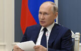 Le président russe Vladimir Poutine à Moscou, en Russie, le 1er juillet 2021. (Crédit : Alexei Nikolsky, Sputnik, Kremlin PoolPhoto via AP)