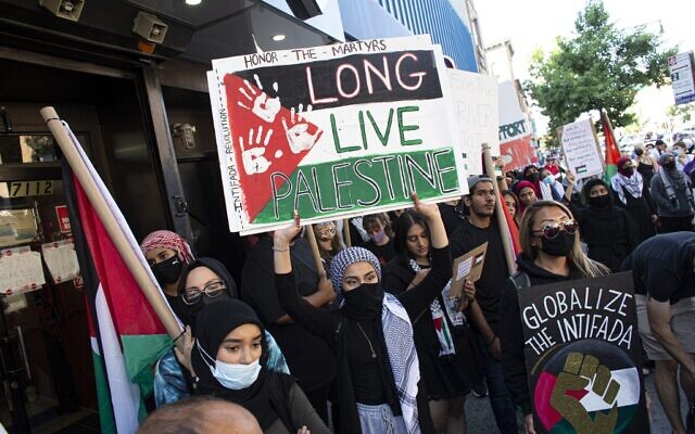 Une femme brandit une pancarte indiquant "Longue vie à la Palestine" lors d’une manifestation à Brooklyn, New York, le 31 juillet 2021. (Crédit : Kena Betancur / AFP)