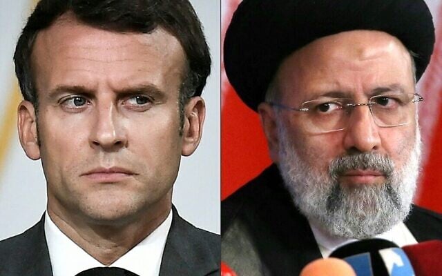 À gauche : Le président français Emmanuel Macron, pendant une conférence de presse à l'Élysée, à Paris, le 9 juillet 2021. À droite, le président iranien Ebrahim Raissi pendant sa première conférence de presse depuis son élection, à Téhéran, le 21 juin 2021. (Crédit : STEPHANE DE SAKUTIN et ATTA KENARE / sources variées / AFP) À gauche : Le président français Emmanuel Macron, pendant une conférence de presse à l'Élysée, à Paris, le 9 juillet 2021. À droite, le président iranien Ebrahim Raissi pendant sa première conférence de presse depuis son élection, à Téhéran, le 21 juin 2021. (Crédit : STEPHANE DE SAKUTIN et ATTA KENARE / sources variées / AFP)