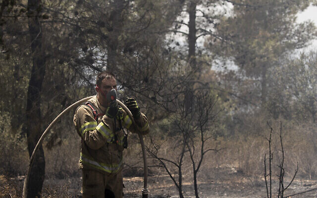Un pompier israélien combat des feux de forêt pour le deuxième jour d’affilé près de Shoresh, à la périphérie de Jérusalem, le 16 août 2021 (Crédit : AP Photo/Maya Alleruzzo)
