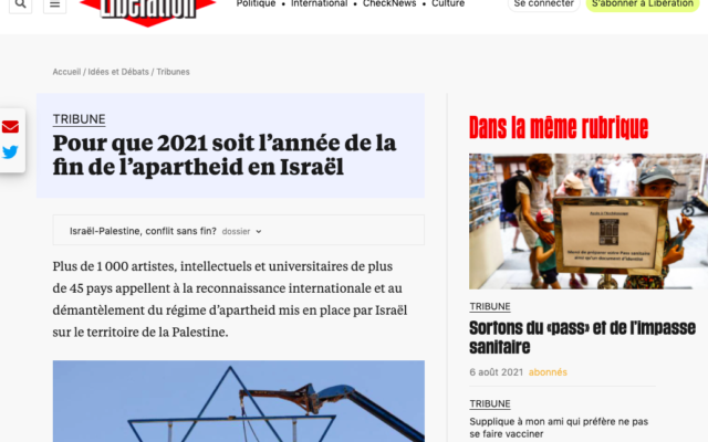 La tribune de "Libération" appelant « à la reconnaissance internationale et au démantèlement du régime d’apartheid mis en place par Israël sur le territoire de la Palestine ». (Capture d’écran liberation.fr)