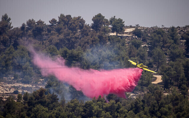 Un canadair tente d'éteindre un gigantesque incendie qui a dévasté les montagnes de Jérusalem, le 17 août 2021. (Crédit : Yonatan Sindel/Flash90) Un canadair tente d'éteindre un gigantesque incendie qui a dévasté les montagnes de Jérusalem, le 17 août 2021. (Crédit : Yonatan Sindel/Flash90)