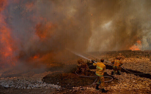 Des pompiers tentent d'éteindre un incendie qui s'est déclaré dans une forêt près de Shoresh, à l'extérieur de Jérusalem, le 3 août 2021. (Crédit : Yonatan Sindel/FLASH90)